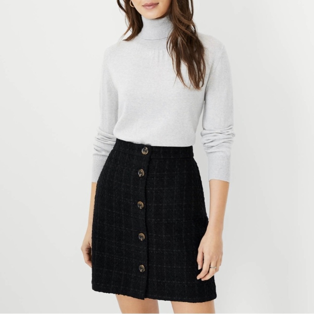 Ann Taylor Black Tweed Button Front Mini Skirt